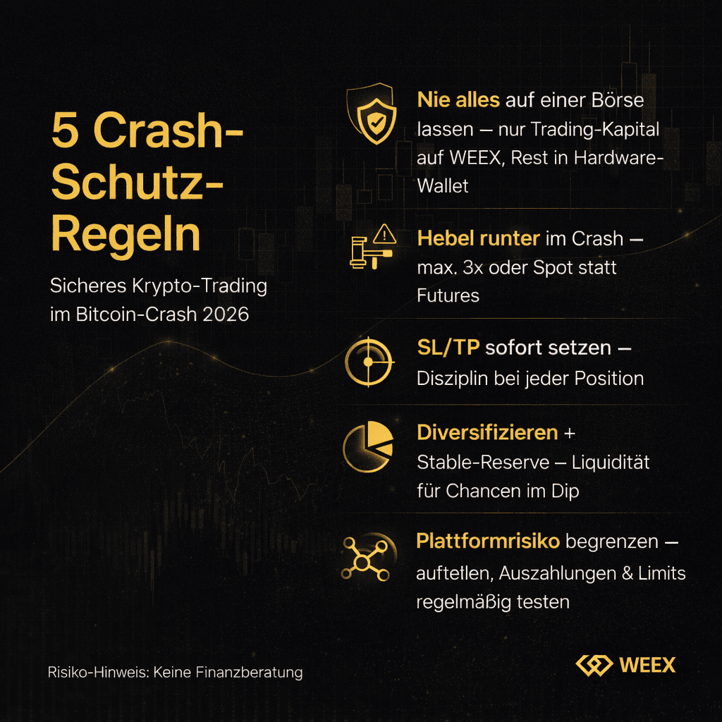Infographic on “5 Crash Protection Rules”: Diversification, set SL/TP, reduce leverage, limit platform risk, and do not keep everything on one exchange.