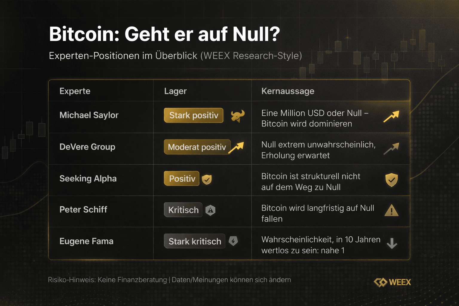 Bitcoin: Going to zero? – Expert positions from optimistic (Saylor: 1 million USD) to critical (Peter Schiff, Eugene Fama: worthless).