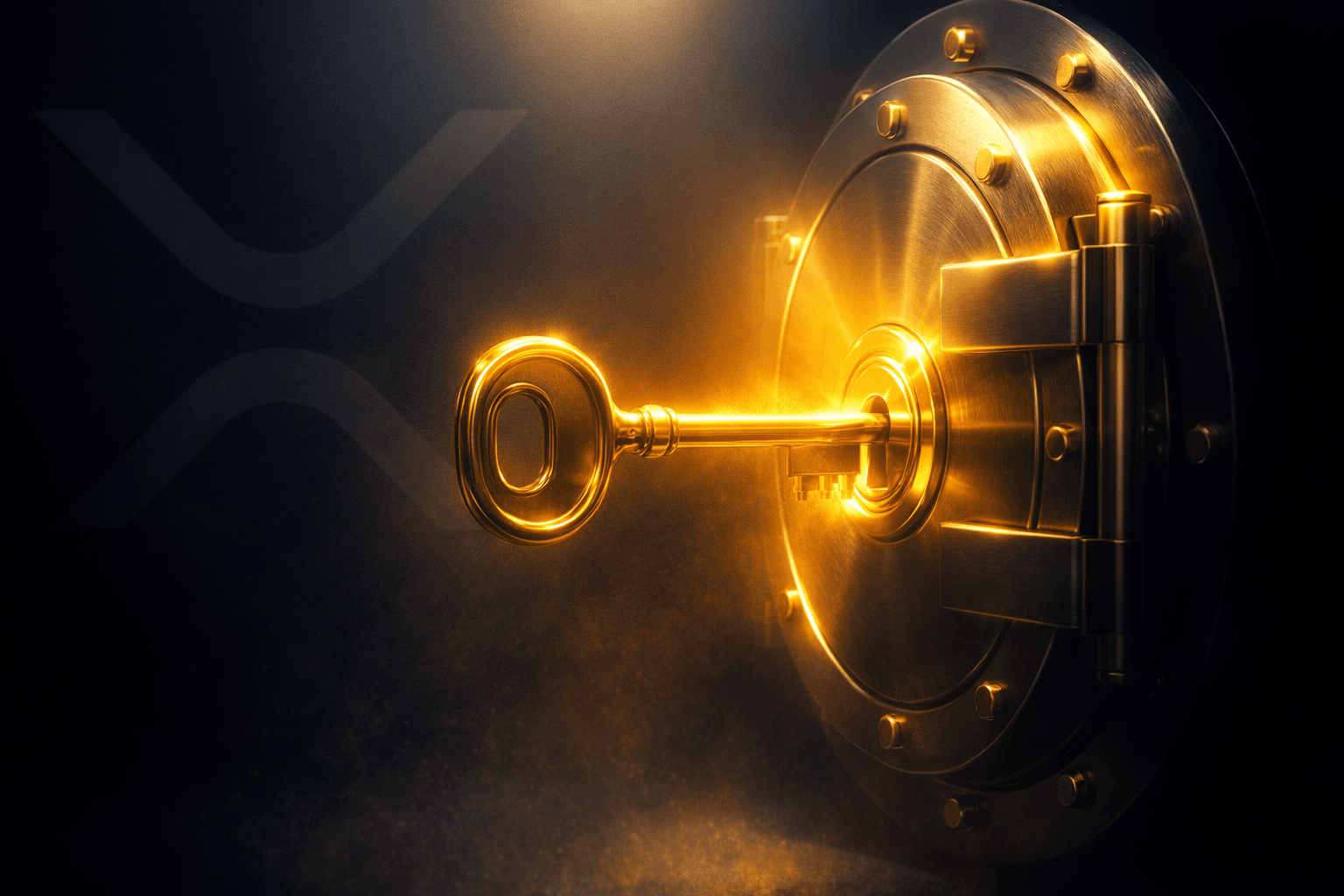 Golden key in a massive, illuminated vault lock; in the dark background a large XRP logo is subtly visible.